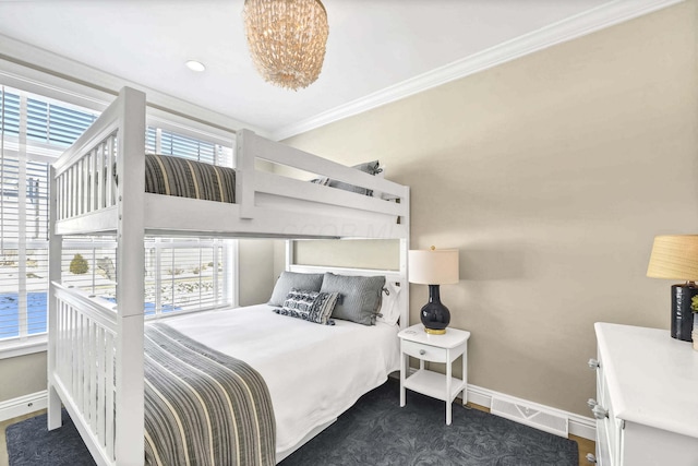 bedroom with multiple windows and ornamental molding