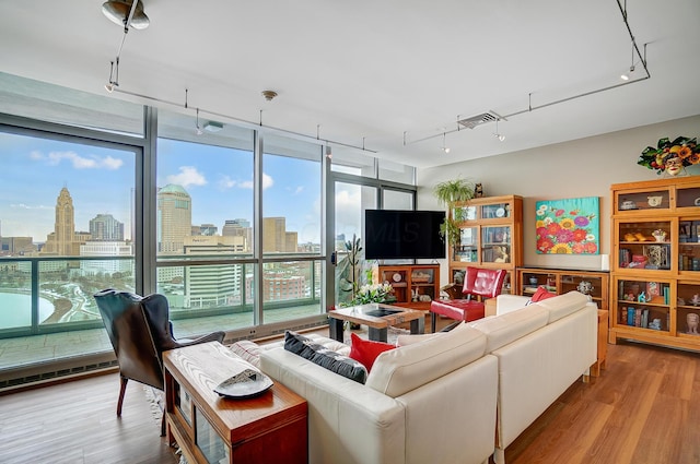 living room featuring expansive windows and light wood-type flooring