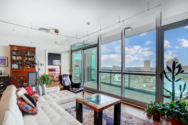 living room featuring hardwood / wood-style flooring, floor to ceiling windows, and a wealth of natural light