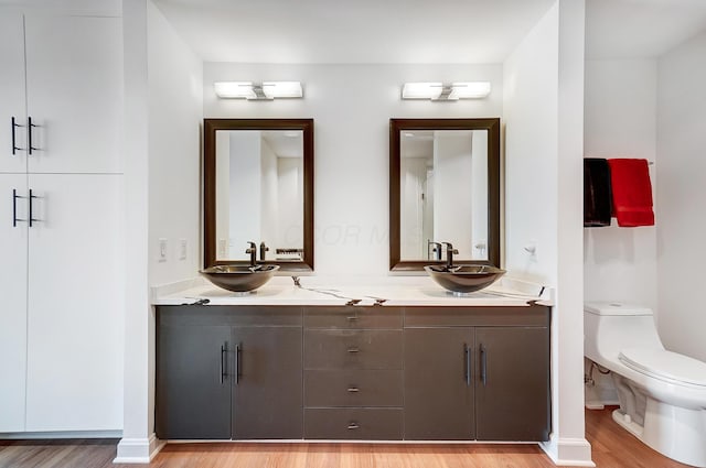 bathroom featuring vanity, toilet, and hardwood / wood-style floors