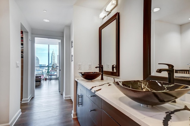 bathroom with vanity and hardwood / wood-style flooring