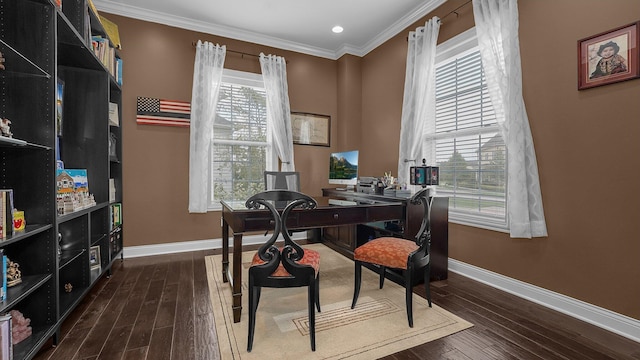 home office featuring ornamental molding and dark hardwood / wood-style floors