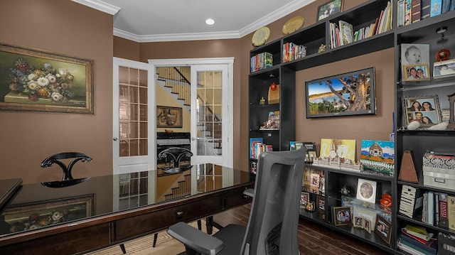 home office featuring crown molding and dark wood-type flooring