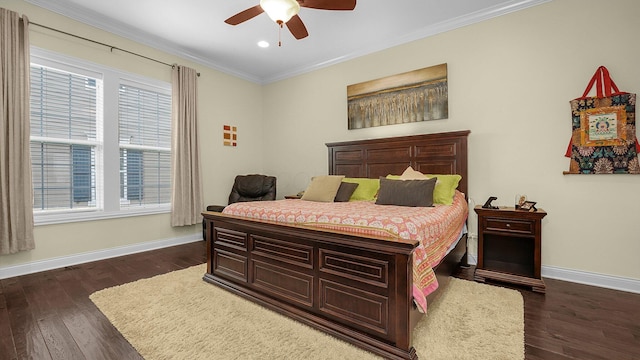 bedroom with ornamental molding, ceiling fan, and dark hardwood / wood-style flooring