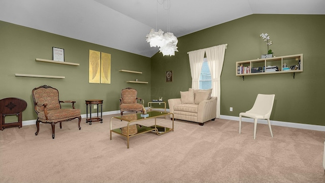 living room with vaulted ceiling, light colored carpet, and a notable chandelier