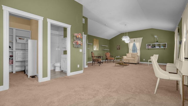 living area with light colored carpet and lofted ceiling