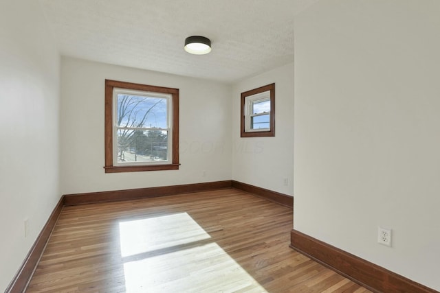 spare room featuring plenty of natural light, light hardwood / wood-style flooring, and a textured ceiling