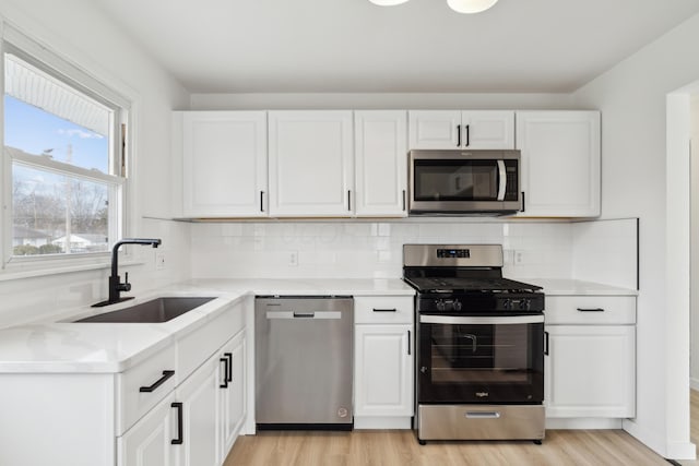 kitchen with tasteful backsplash, sink, white cabinets, stainless steel appliances, and light hardwood / wood-style flooring