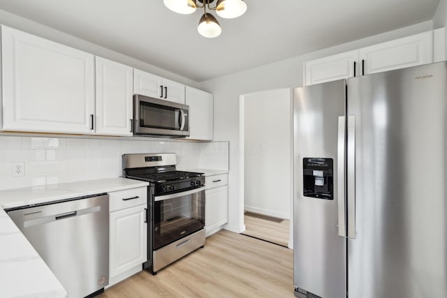 kitchen featuring tasteful backsplash, stainless steel appliances, white cabinets, and light wood-type flooring