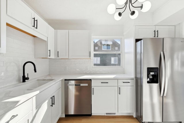 kitchen featuring tasteful backsplash, white cabinetry, appliances with stainless steel finishes, and sink