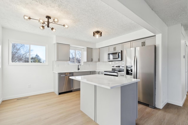 kitchen with sink, light hardwood / wood-style flooring, gray cabinets, stainless steel appliances, and a center island