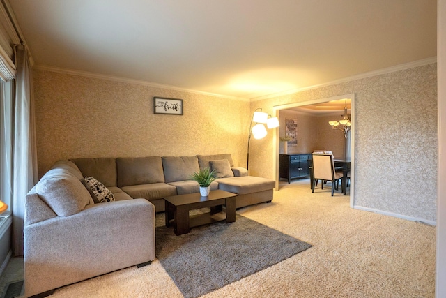 living room with crown molding and carpet