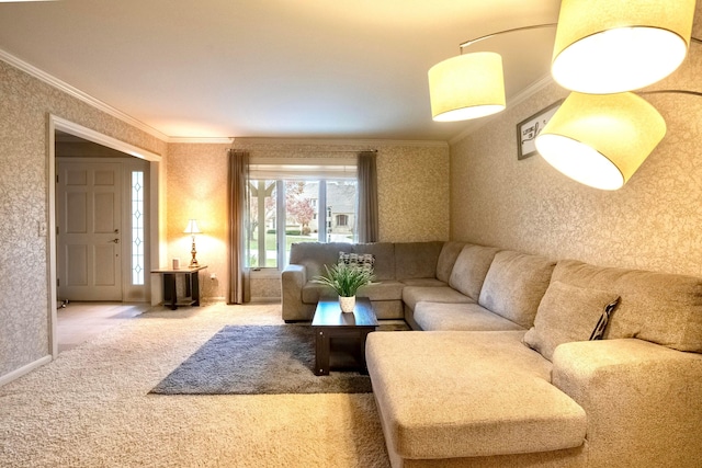 carpeted living room featuring crown molding