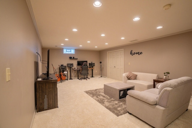 carpeted living room featuring crown molding