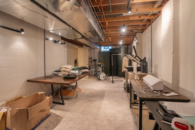 basement featuring light colored carpet