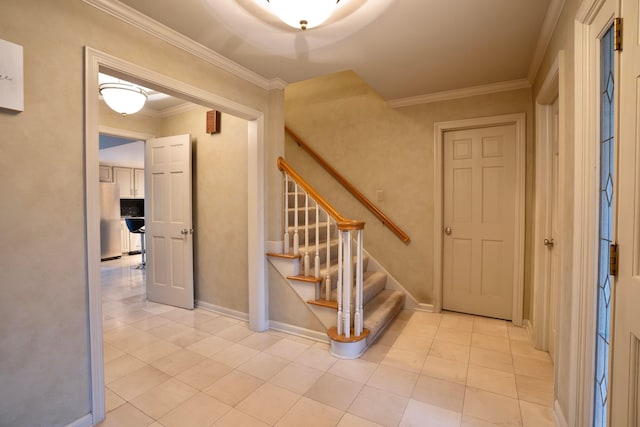 stairs featuring tile patterned flooring and crown molding