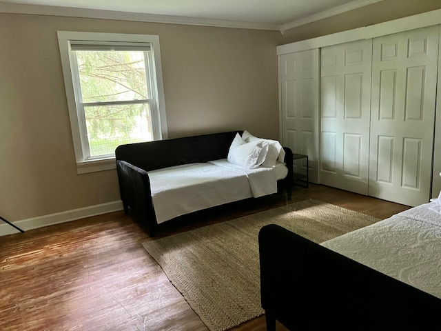 bedroom featuring crown molding, wood-type flooring, and a closet