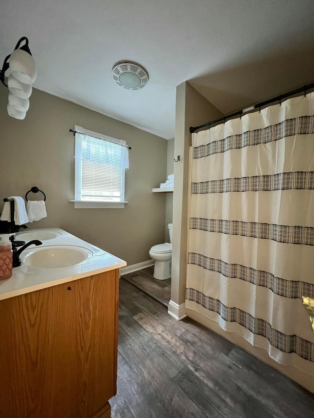 bathroom with vanity, wood-type flooring, and toilet