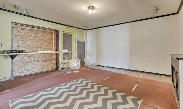 unfurnished room featuring crown molding and carpet floors