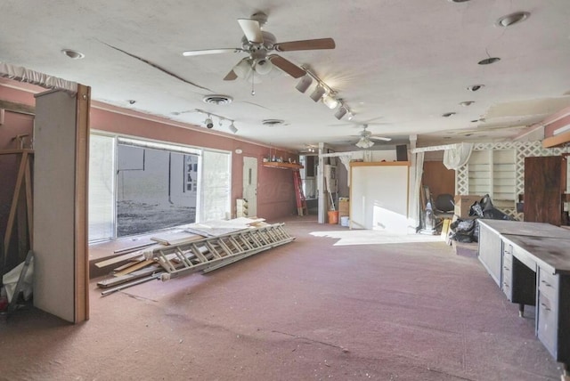 miscellaneous room with ceiling fan and carpet