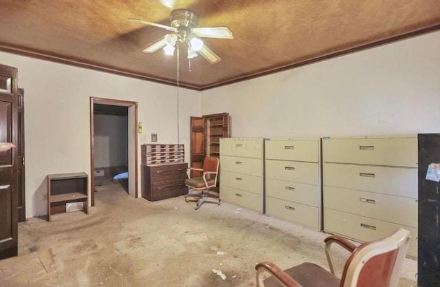 interior space with crown molding and ceiling fan