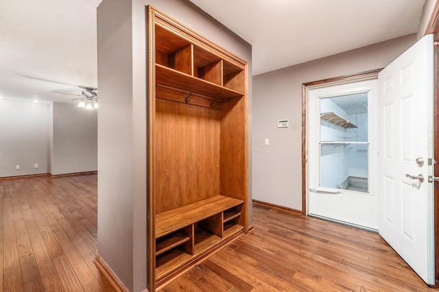 mudroom featuring ceiling fan and light hardwood / wood-style flooring