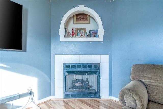 details featuring a tiled fireplace and wood-type flooring