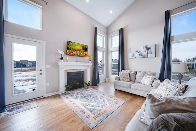 living room featuring a fireplace, light hardwood / wood-style floors, and a wealth of natural light