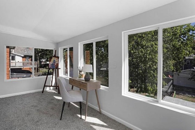 carpeted office with a healthy amount of sunlight and vaulted ceiling