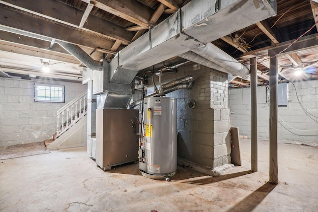 basement with heating unit and gas water heater