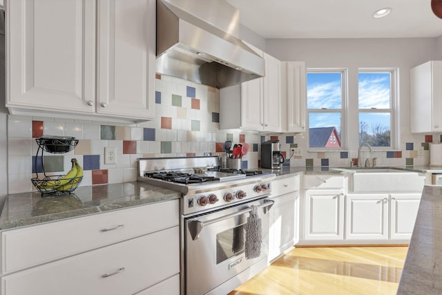 kitchen featuring sink, white cabinetry, extractor fan, stainless steel range, and decorative backsplash