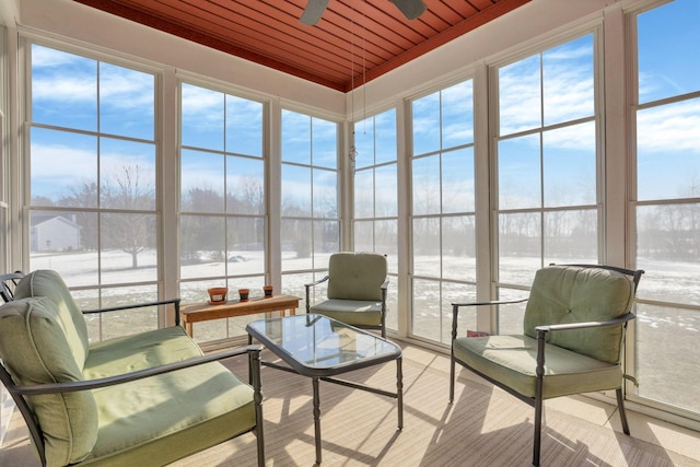 sunroom / solarium with ceiling fan, a water view, and wood ceiling