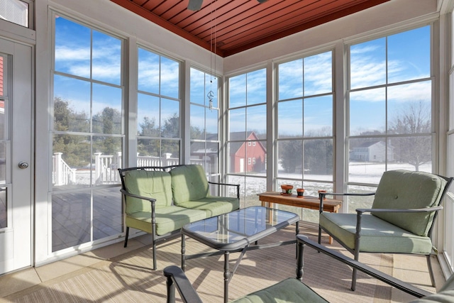 sunroom featuring wooden ceiling