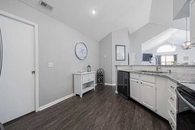 kitchen with white cabinetry, vaulted ceiling, dishwasher, and sink