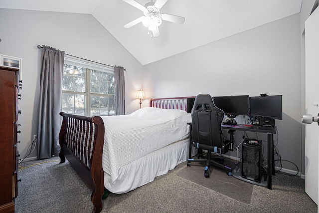 carpeted bedroom with lofted ceiling and ceiling fan