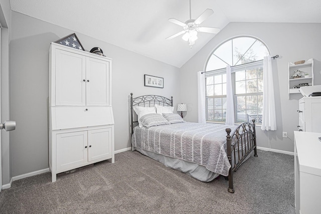 carpeted bedroom with lofted ceiling and ceiling fan