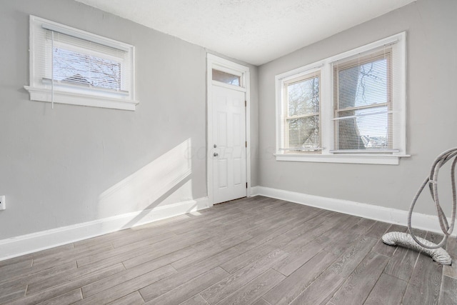 foyer entrance with wood-type flooring, a textured ceiling, and a wealth of natural light