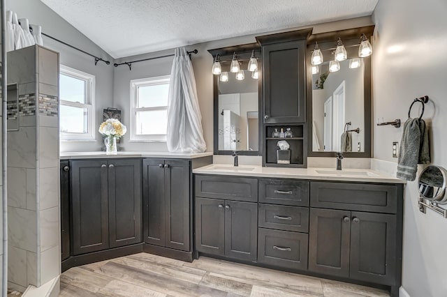 bathroom with vanity, hardwood / wood-style flooring, lofted ceiling, and a textured ceiling