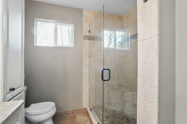 bathroom featuring vanity, toilet, and a shower with shower door