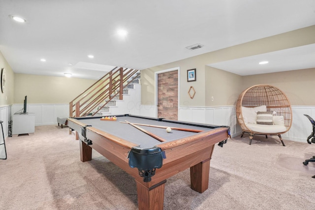 rec room featuring pool table and carpet