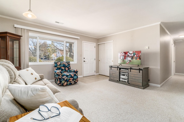 carpeted living room with crown molding