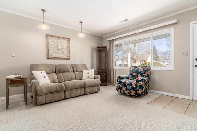 tiled living room with ornamental molding