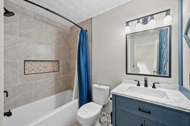 full bathroom with vanity, toilet, a textured ceiling, and shower / bathtub combination with curtain