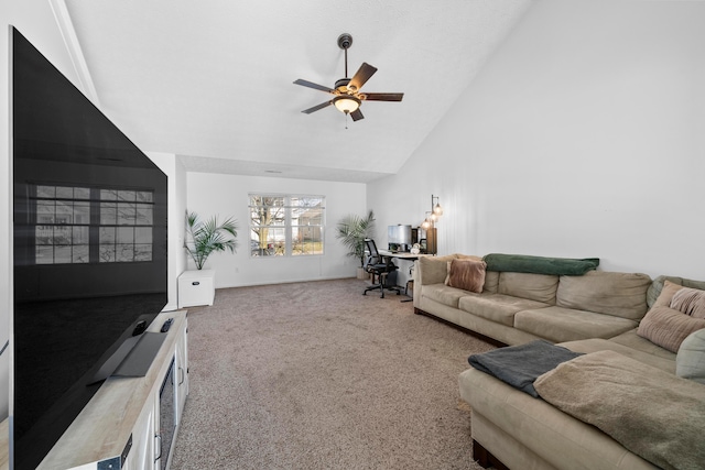 carpeted living room featuring high vaulted ceiling and ceiling fan