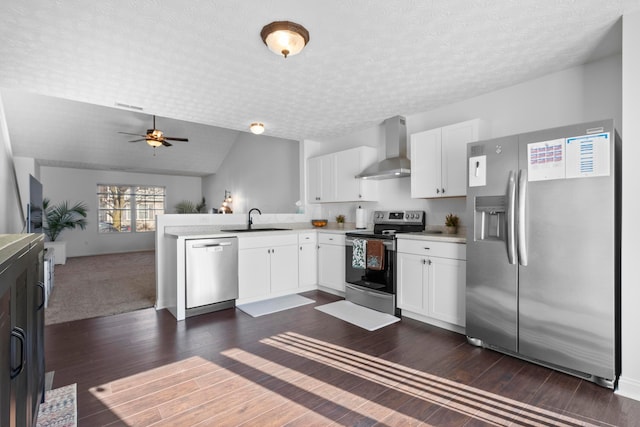 kitchen featuring sink, vaulted ceiling, wall chimney range hood, stainless steel appliances, and white cabinets