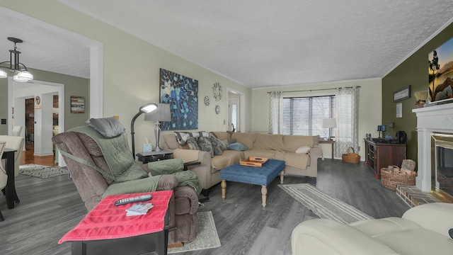 living room featuring dark hardwood / wood-style flooring and a textured ceiling