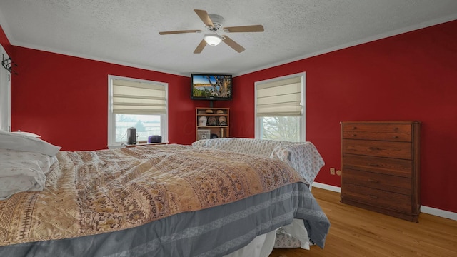 bedroom featuring multiple windows, wood-type flooring, ornamental molding, and a textured ceiling