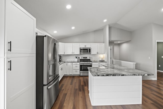 kitchen featuring appliances with stainless steel finishes, white cabinetry, dark stone countertops, dark hardwood / wood-style floors, and decorative backsplash