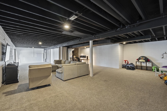 basement with carpet flooring