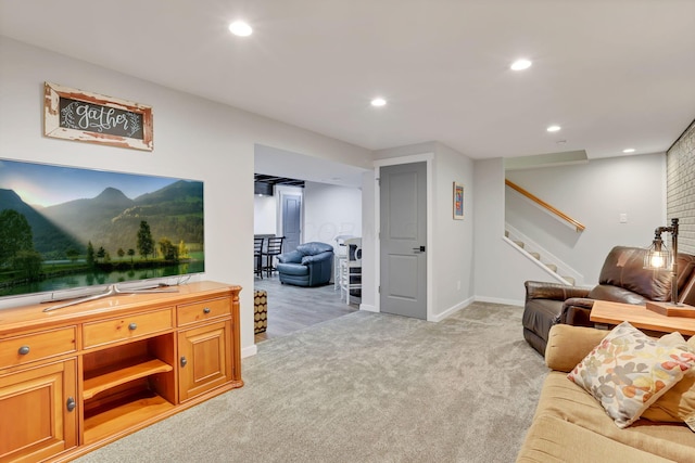 living room featuring light colored carpet